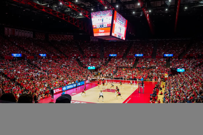 Oct 21, 2023; Lincoln, NE, USA; A record crowd watches the match between the Nebraska Cornhuskers and the Wisconsin Badgers at the Bob Devaney Sports Center. Mandatory Credit: Dylan Widger-USA TODAY Sports